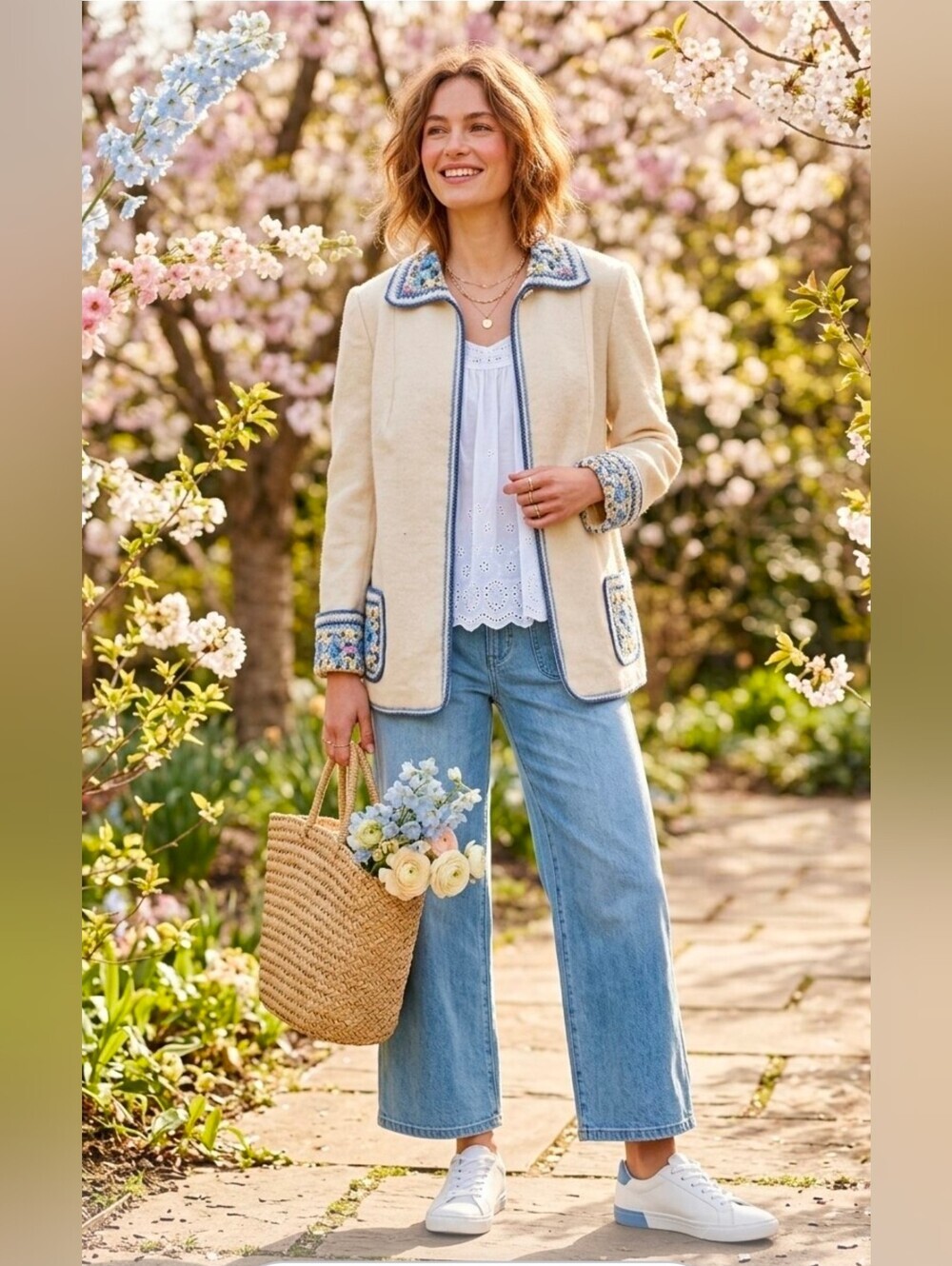 Cream Jacket with Blue Trim and Crochet Details
